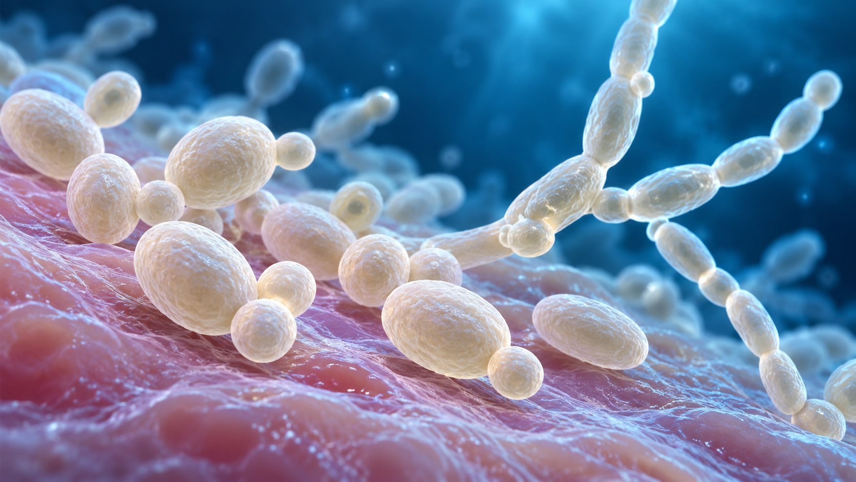Ilustración médica 3D conceptual de Candida con gemación y formas filamentosas