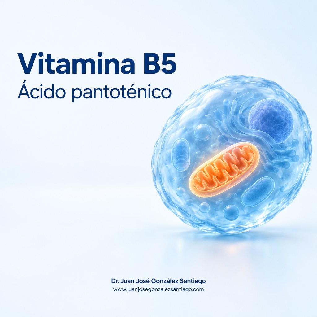 Ilustración médica 3D conceptual de una célula y una mitocondria, relacionada con el metabolismo y la vitamina B5