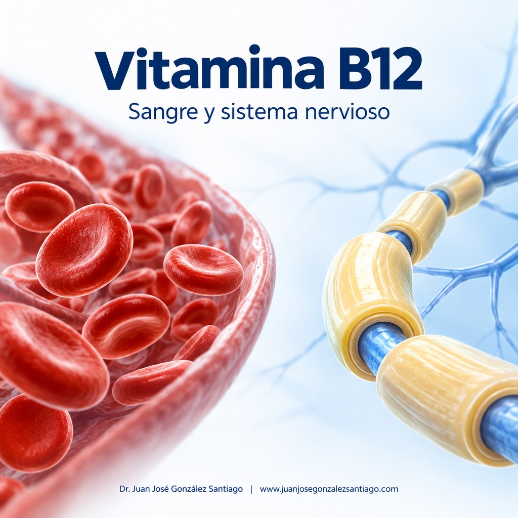 Ilustración médica 3D conceptual de glóbulos rojos y un nervio con mielina, relacionados con las funciones de la vitamina B12