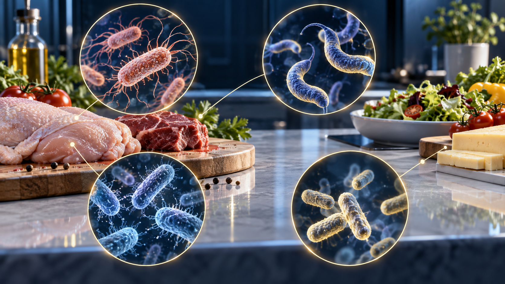 Ilustración médica 3D conceptual de alimentos y bacterias transmitidas por vía alimentaria