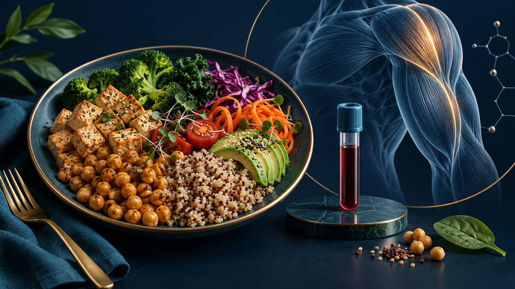 Ilustración conceptual de alimentación vegetal, músculo y análisis sanguíneo