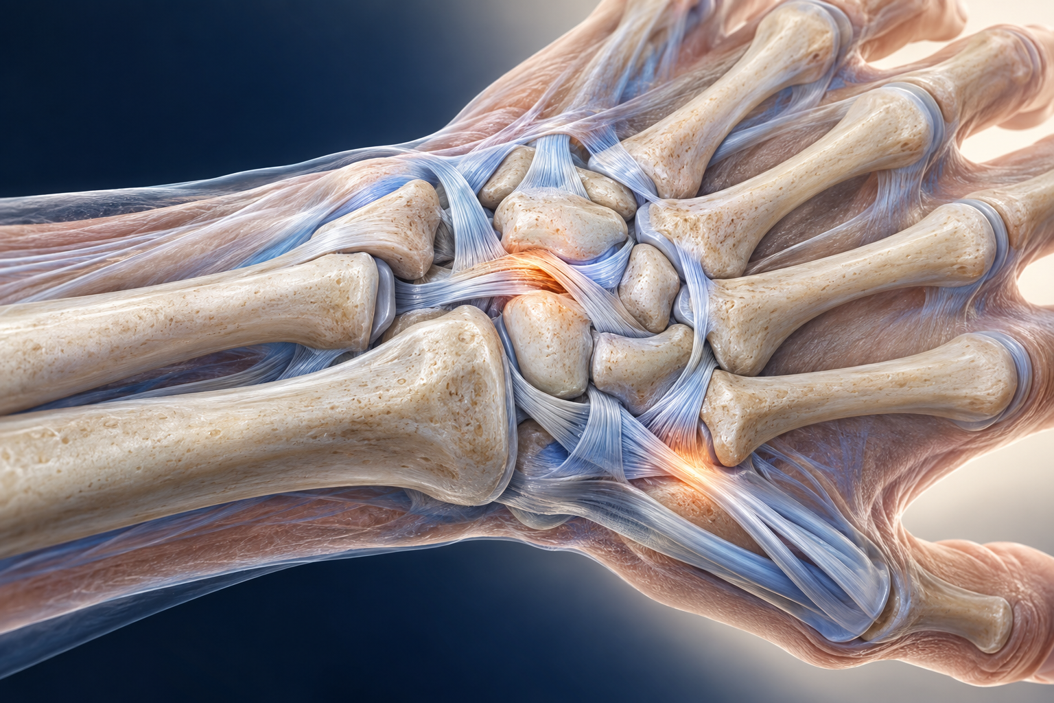 Ilustración médica 3D de huesos y ligamentos de la muñeca con una zona lesionada resaltada