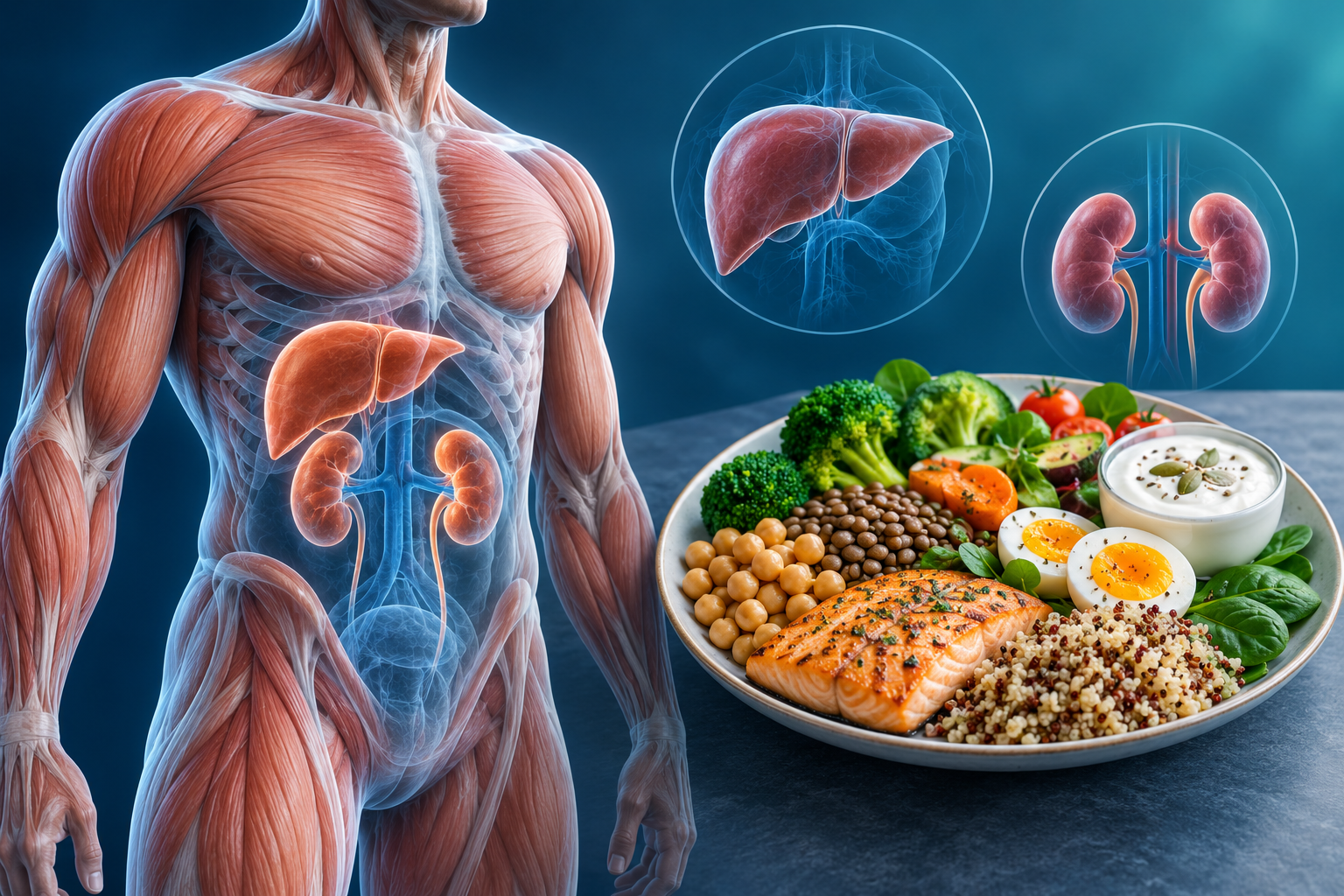 Ilustración médica 3D sobre dieta proteinada, masa muscular, hígado, riñones y alimentación equilibrada