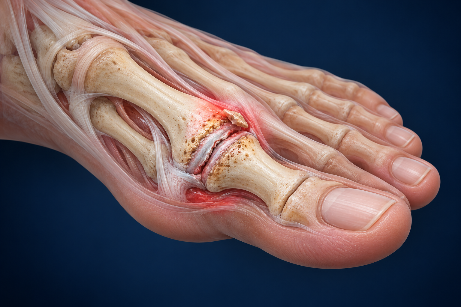 Ilustración médica 3D de artrosis y osteofito en la articulación del dedo gordo del pie