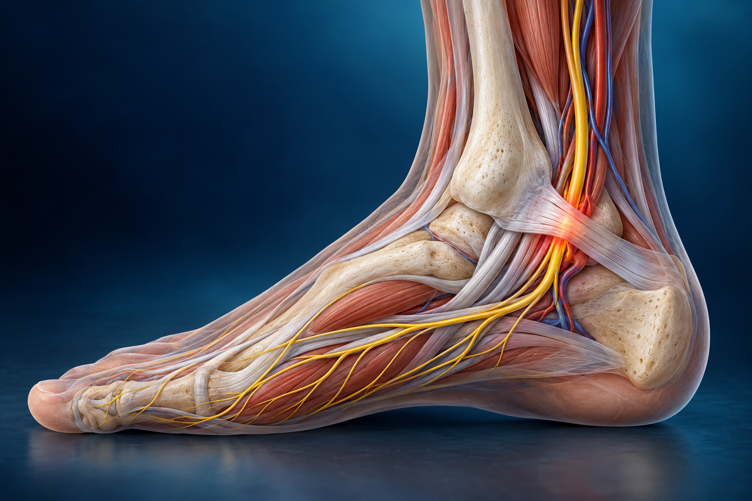Ilustración médica 3D del túnel del tarso y la compresión del nervio tibial en la cara interna del tobillo