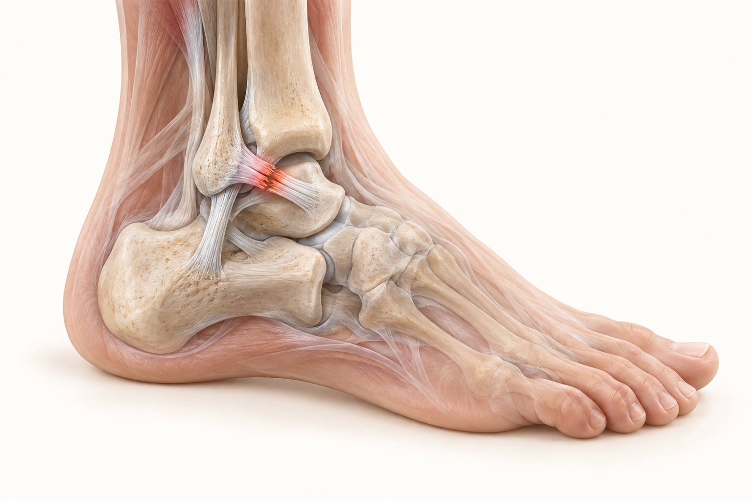 Ilustración médica 3D del ligamento lateral del tobillo con lesión del talofibular anterior