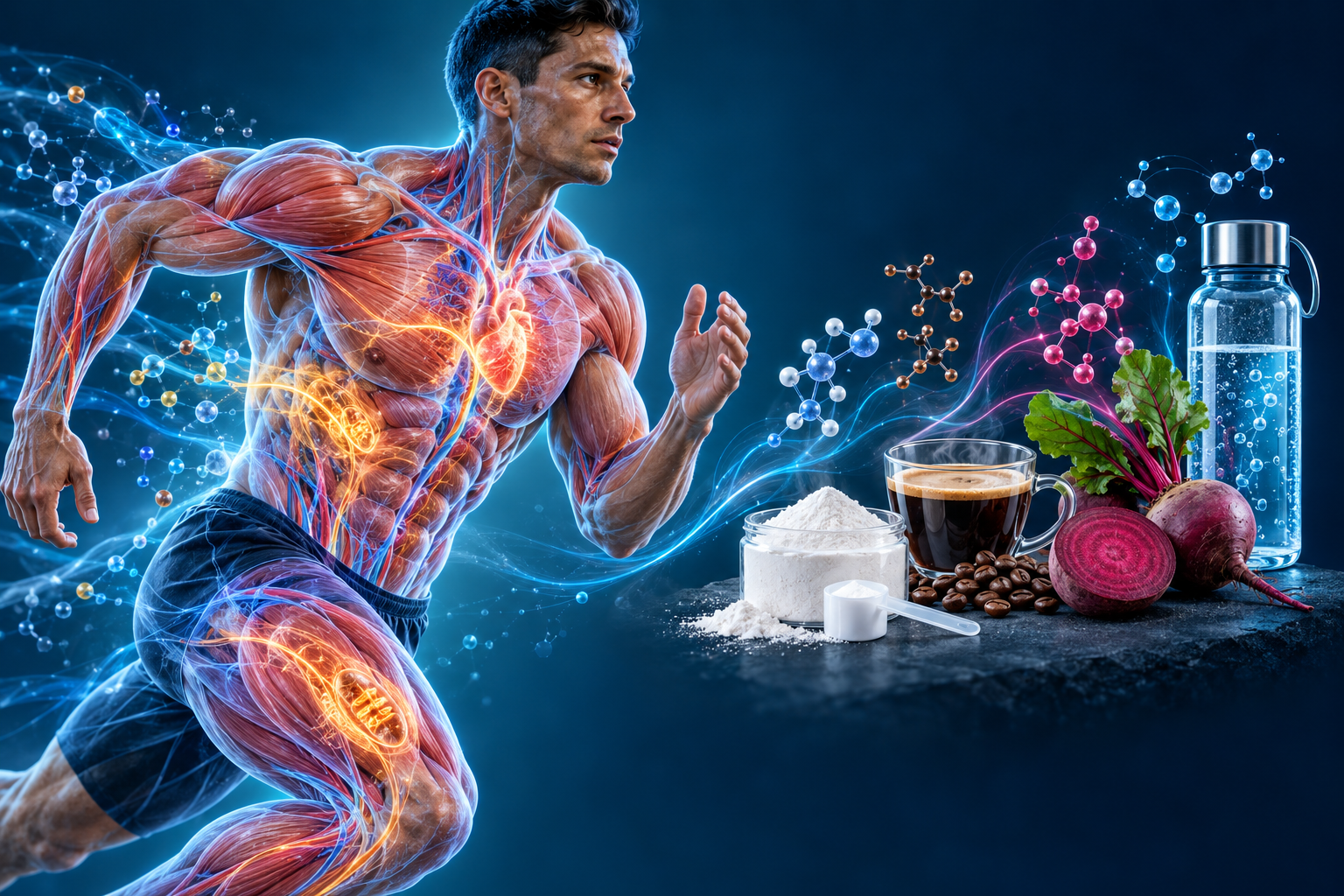Ilustración conceptual 3D de un deportista, músculo, alimentos y suplementos relacionados con el rendimiento