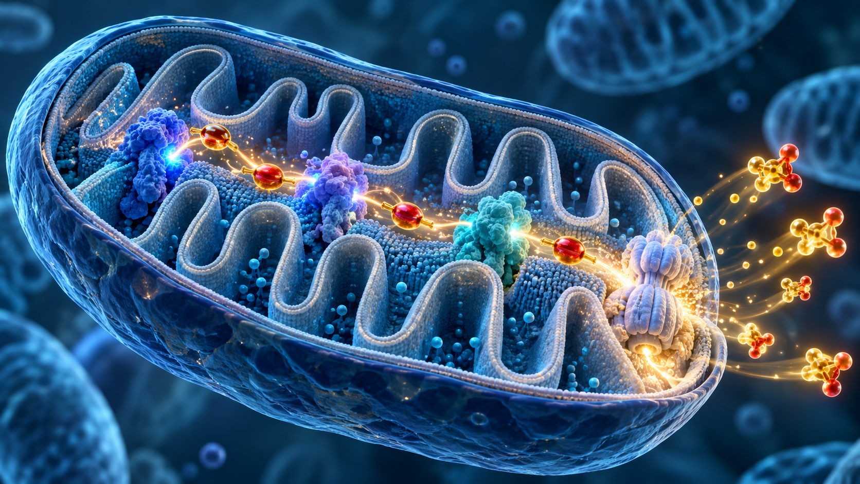 Ilustración médica 3D de coenzima Q10 en la cadena respiratoria de una mitocondria