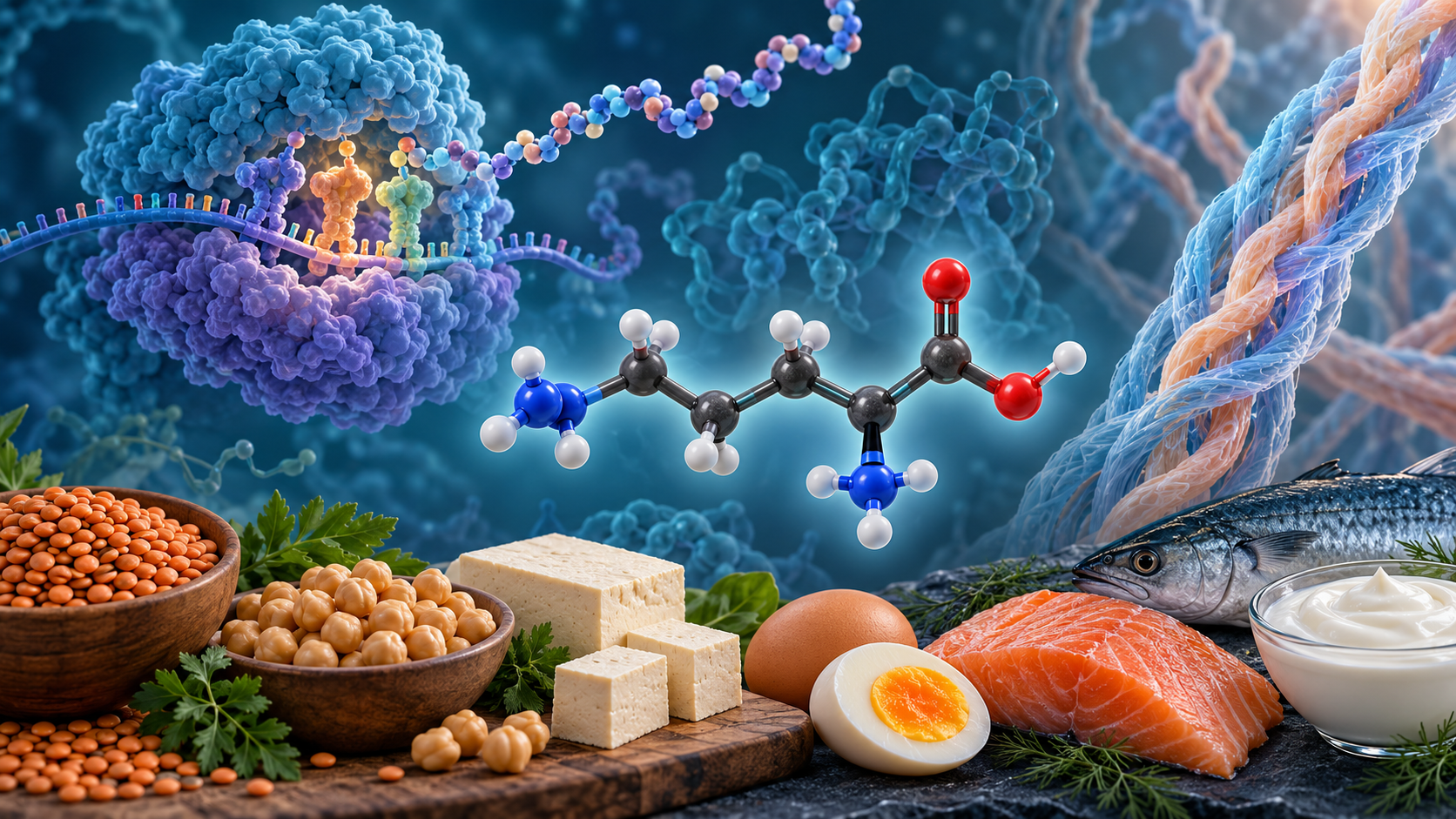 Alimentos proteicos y síntesis de proteínas en ilustración conceptual 3D