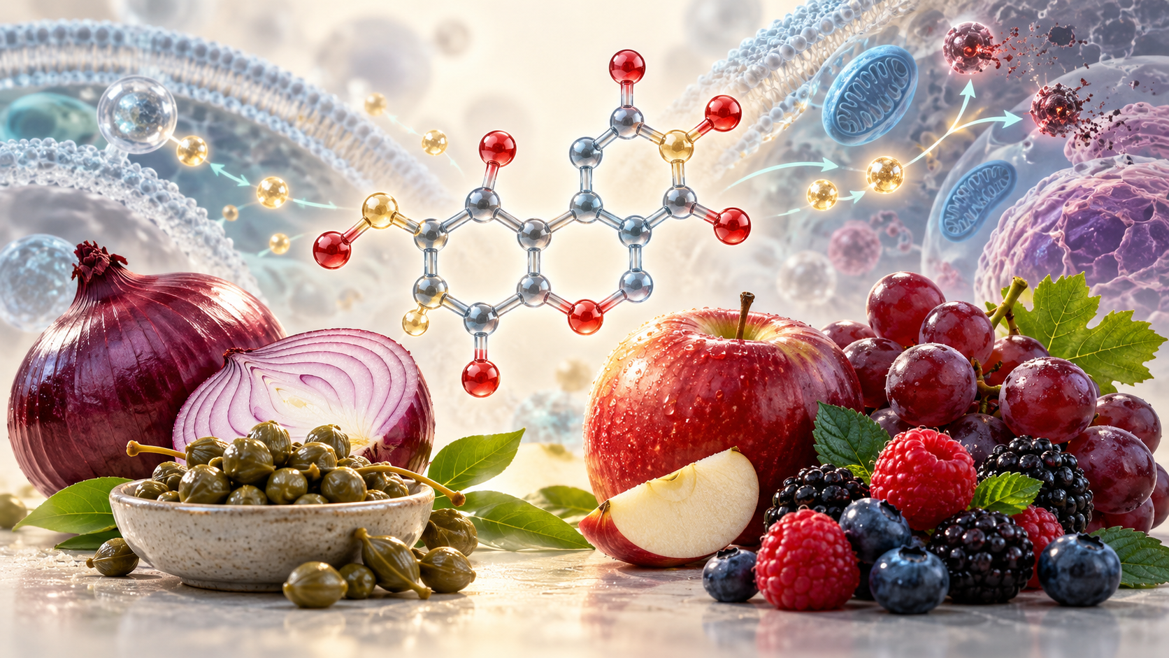 Ilustración médica 3D de quercetina, alimentos vegetales y entorno celular