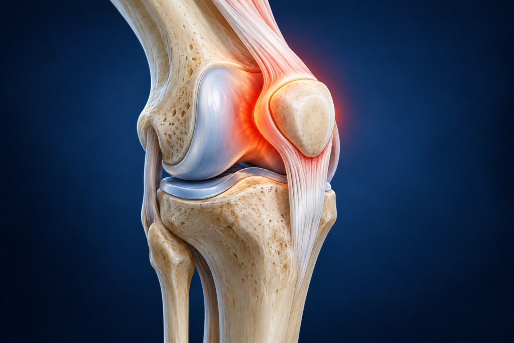 Anatomía médica 3D de la rótula y la articulación patelofemoral en una rodilla inestable