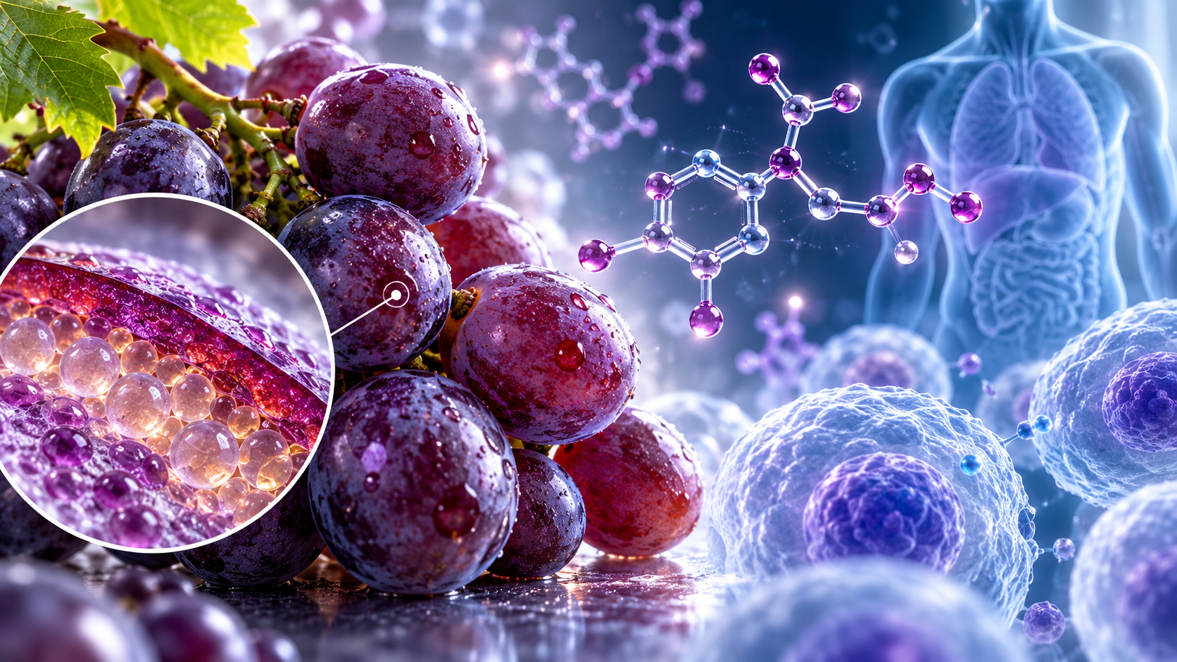 Ilustración médica 3D de uvas, resveratrol, polifenoles y entorno celular