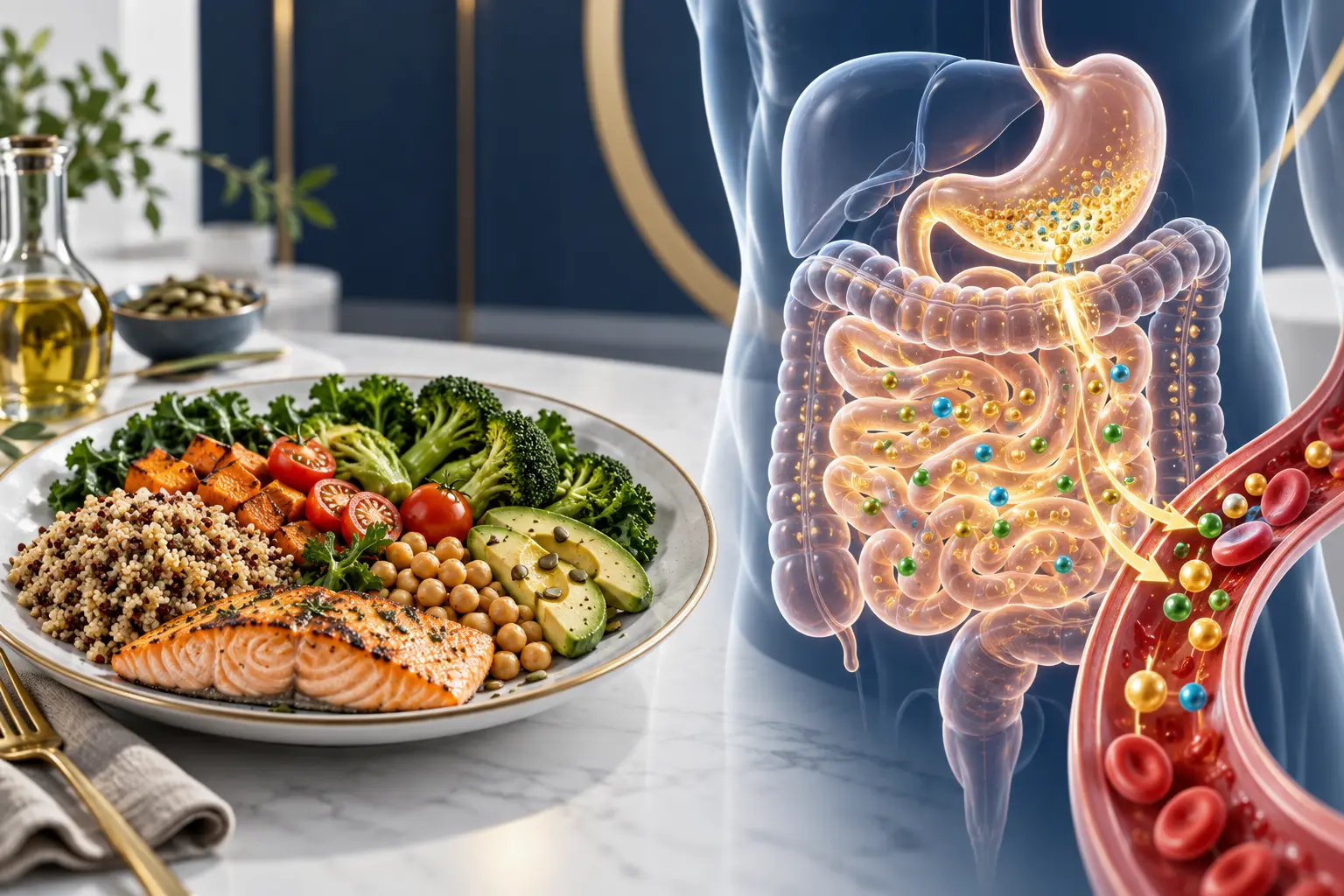 Alimentación y salud en ilustración médica 3D