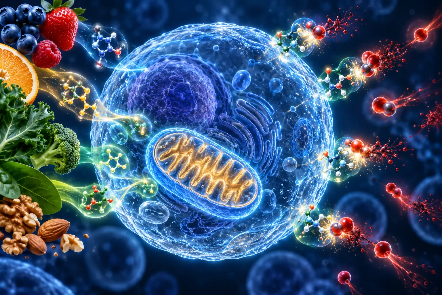Ilustración médica 3D de antioxidantes, estrés oxidativo y protección celular