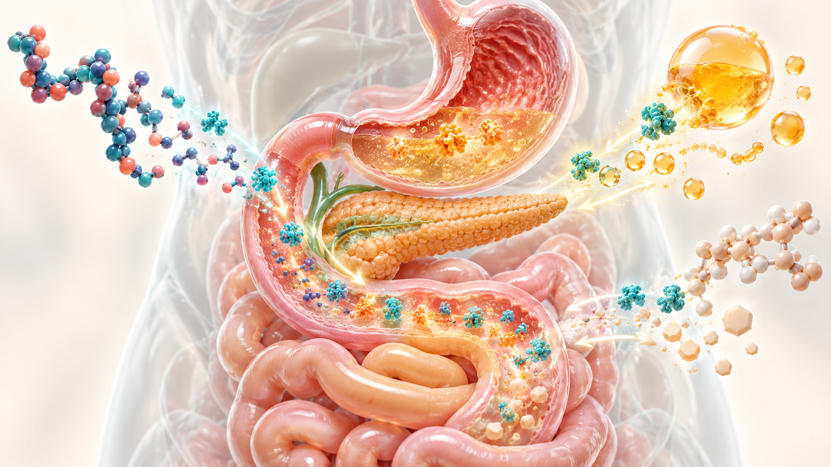 Ilustración médica 3D del páncreas y su relación con la digestión