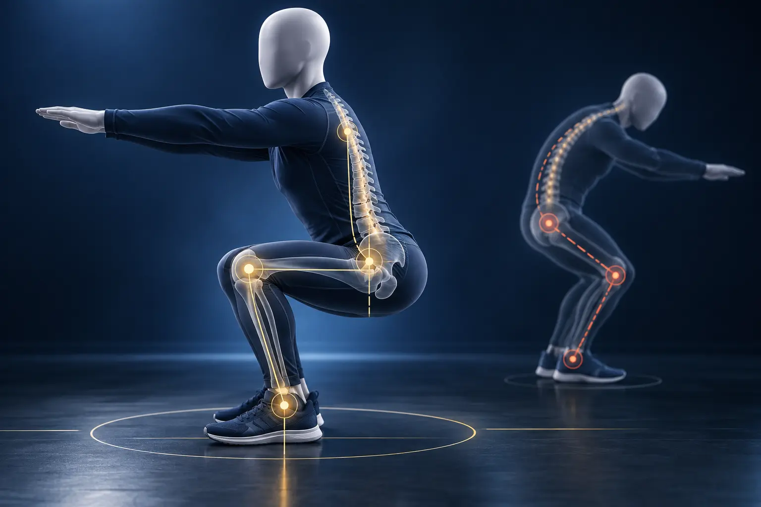 Ilustración de técnica de ejercicio y errores de entrenamiento en gimnasio