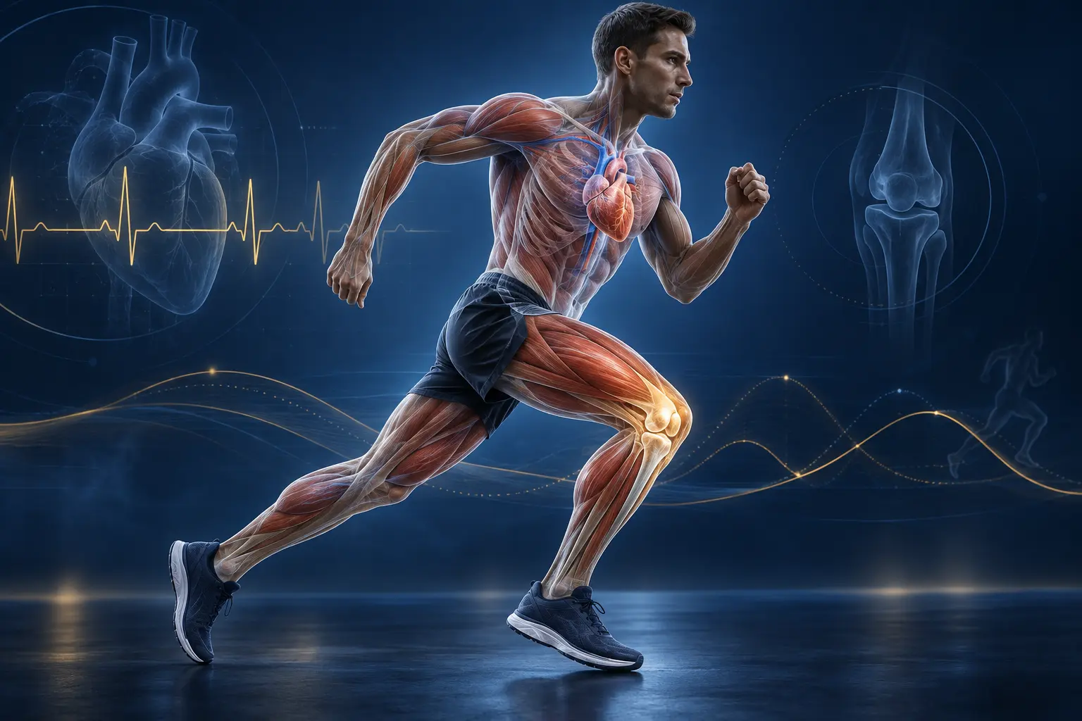 Ilustración médica 3D de un corredor con anatomía muscular, corazón y rodilla