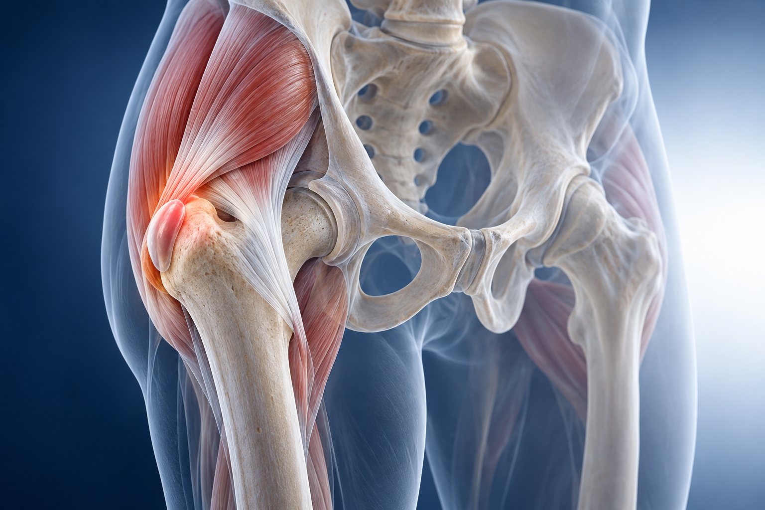 Anatomía médica 3D de la cadera con tendones glúteos y bursa sobre el trocánter mayor