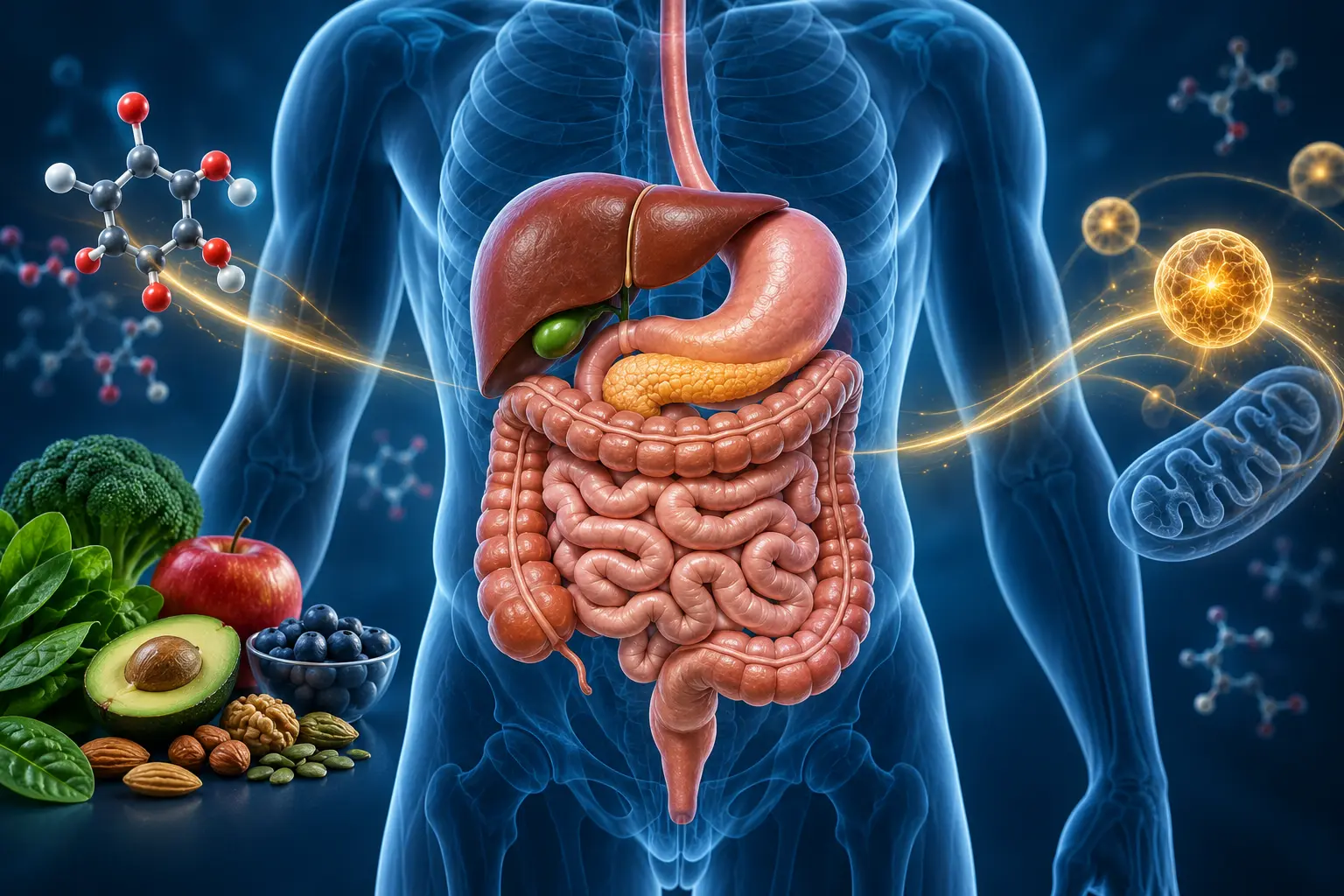 Ilustración médica 3D del aparato digestivo, hígado y metabolismo