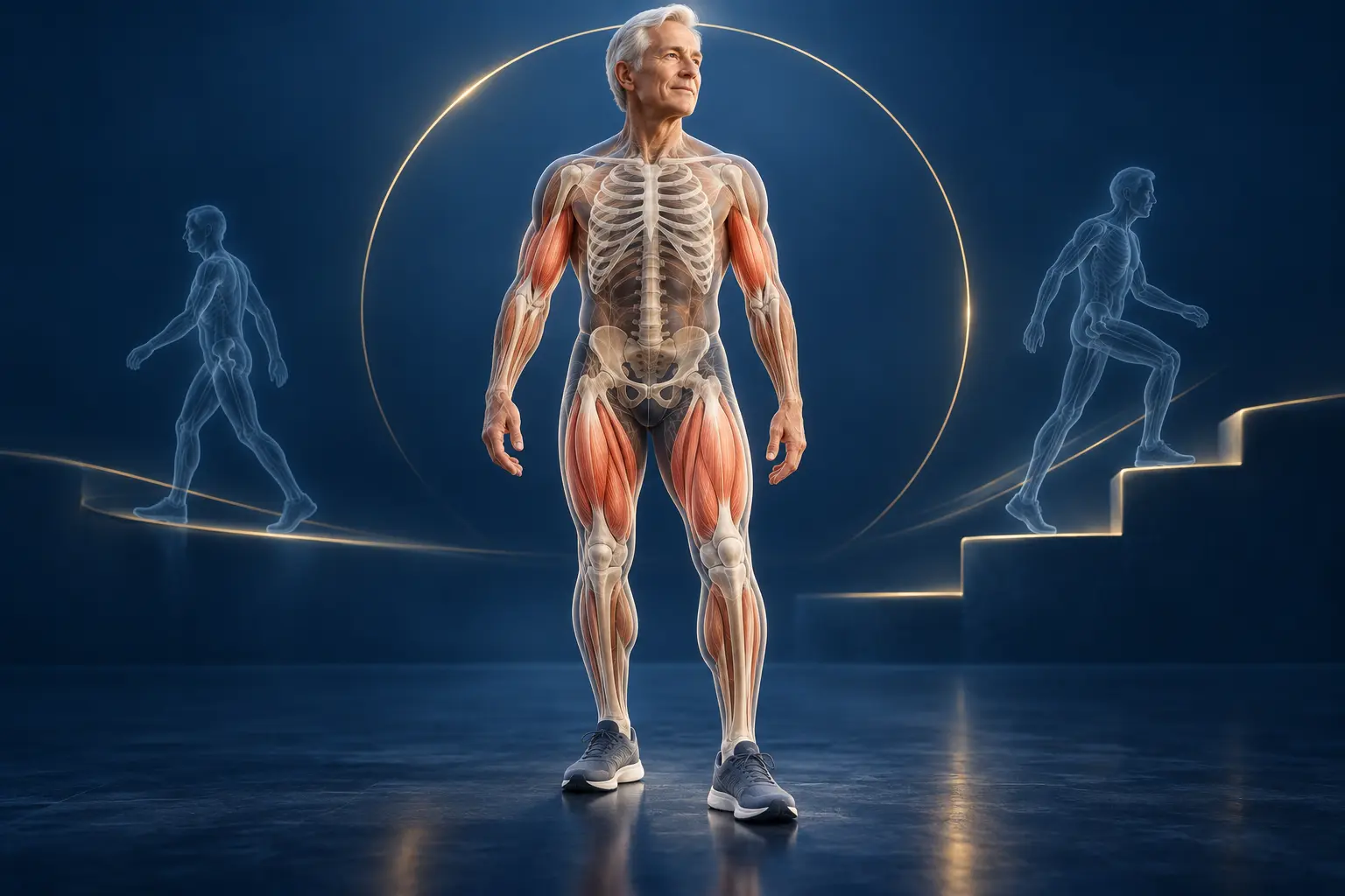 Ilustración médica 3D del sistema musculoesquelético en un adulto mayor activo