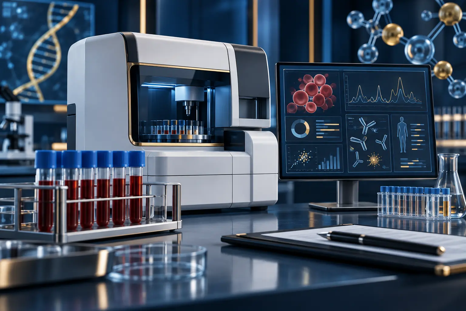 Laboratorio clínico con muestras sanguíneas y análisis de biomarcadores