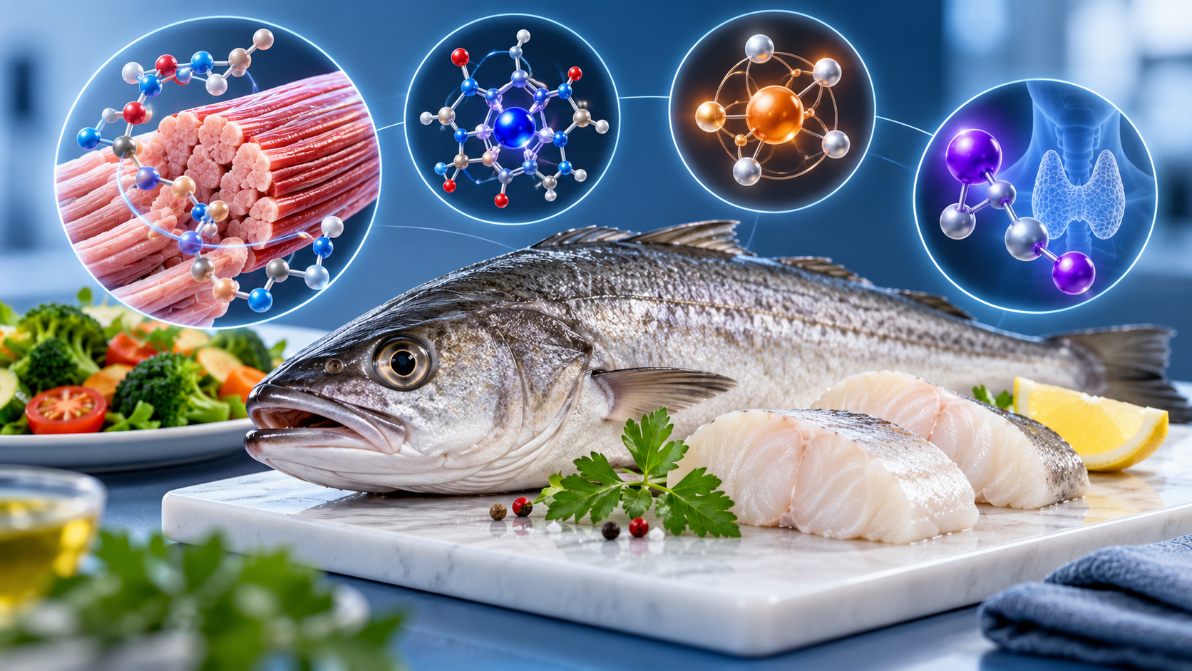 Ilustración 3D conceptual de pescado, proteína y micronutrientes