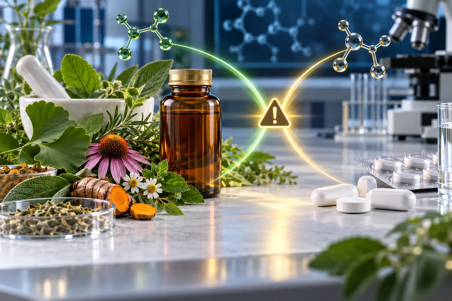 Ilustración médica 3D sobre plantas medicinales, extractos y posibles interacciones con medicamentos