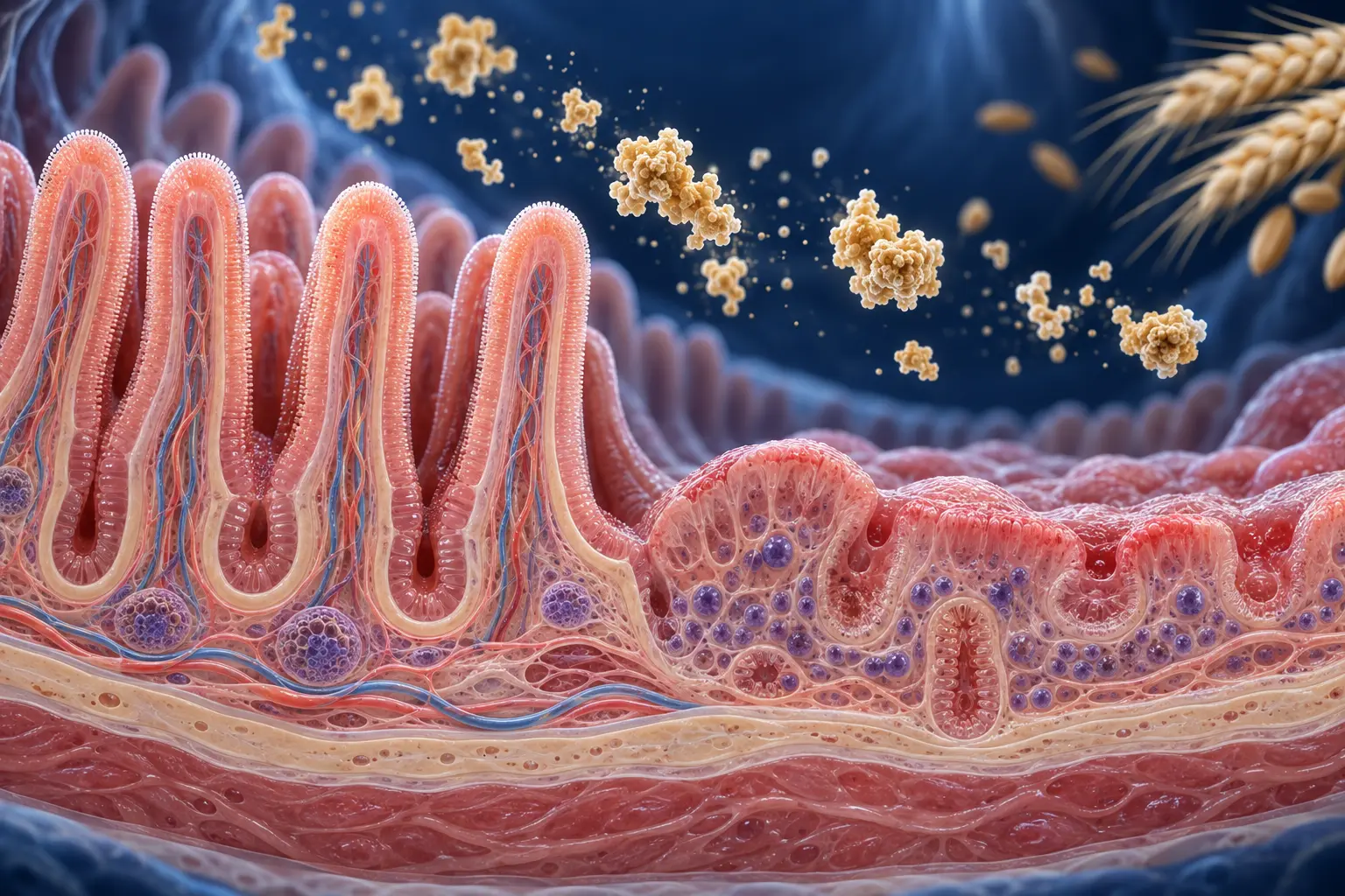 Ilustración anatómica 3D sobre intestino, gluten y enfermedad celíaca