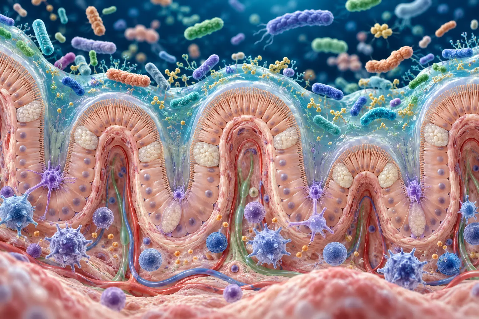 Ilustración 3D conceptual de microbiota e inmunidad de las mucosas