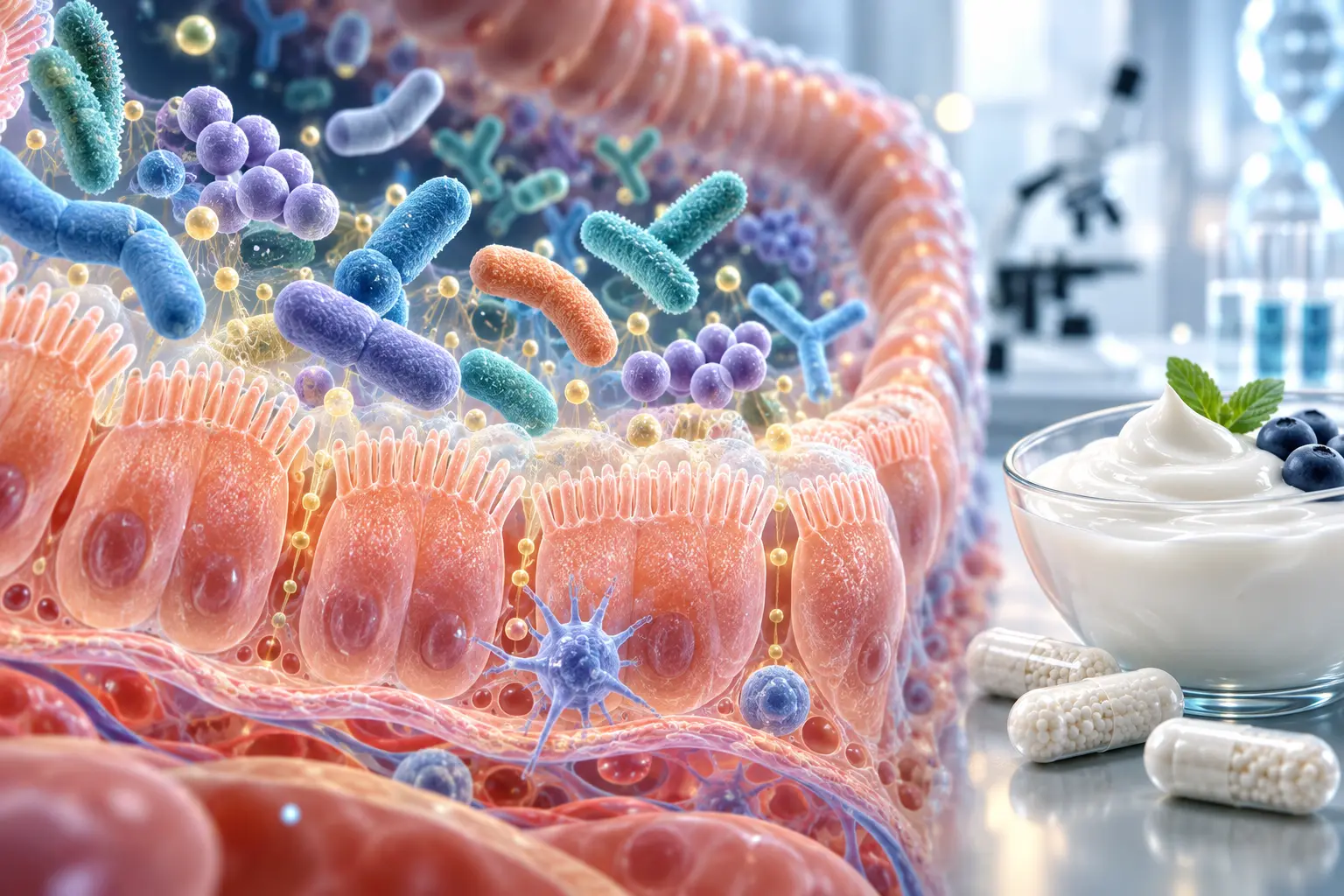 Ilustración conceptual 3D de microbiota intestinal, un alimento fermentado y probióticos