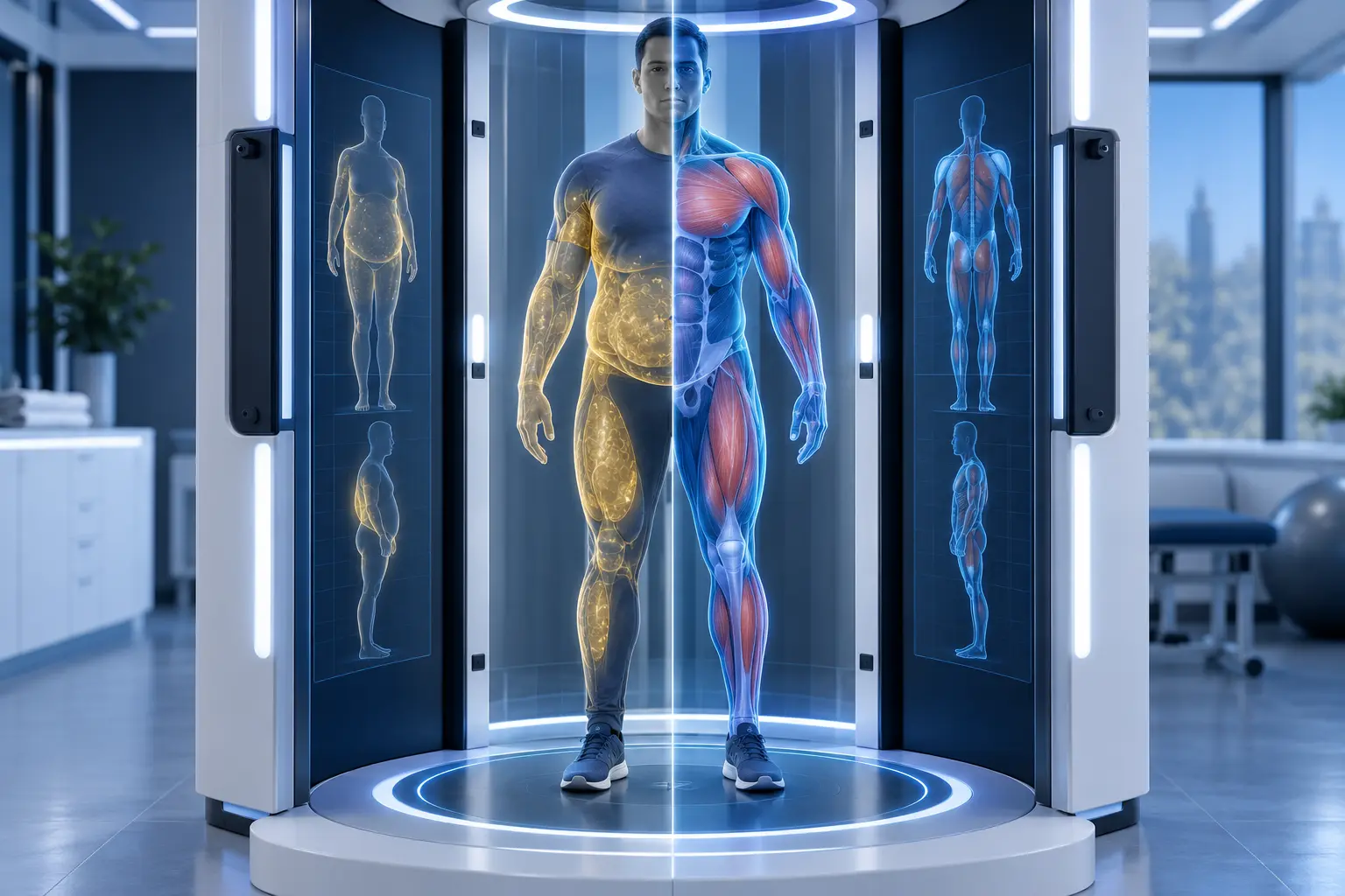 Ilustración médica 3D de recomposición corporal con reducción de grasa y aumento de masa muscular
